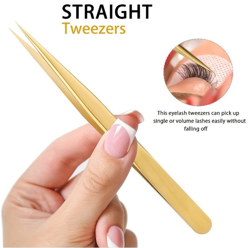 High Precision Eyelash Tweezers Set - Includes 3 Stainless Steel Eyelash Tweezers, Suitable For Classic Personal And Thick Eyelash Extensions. Equipped With Storage Box